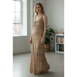 Chelsea & Violet Tan Lace Tiered Ruffle Maxi Dress Boho M Flowy Cottagecore